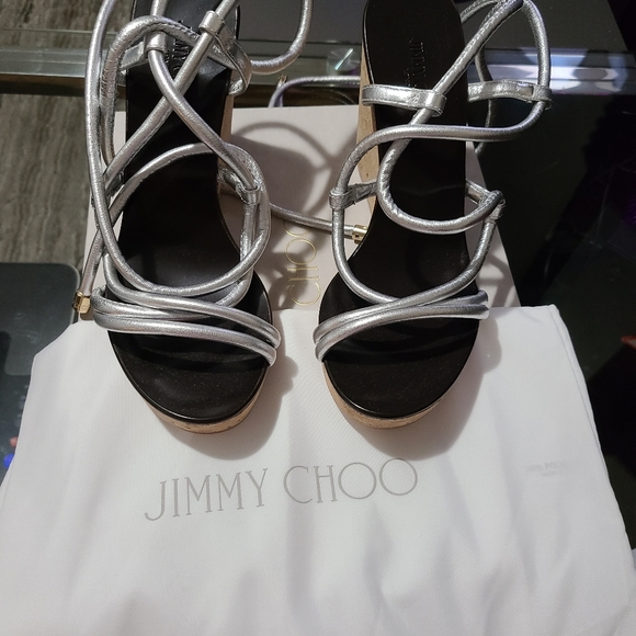 Brand NEW Silver Jimmy Choo Wedge Lace-Up Sandals - Picture 1 of 5
